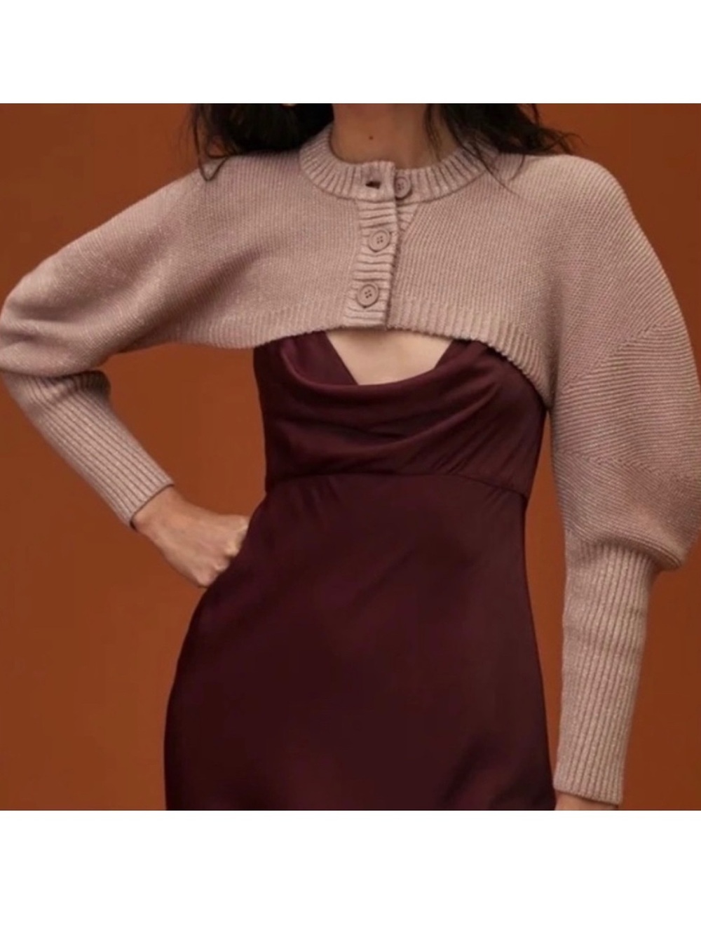 525 America Rose Gold Knit Puff Sleeve Button Shrug Size XS/S